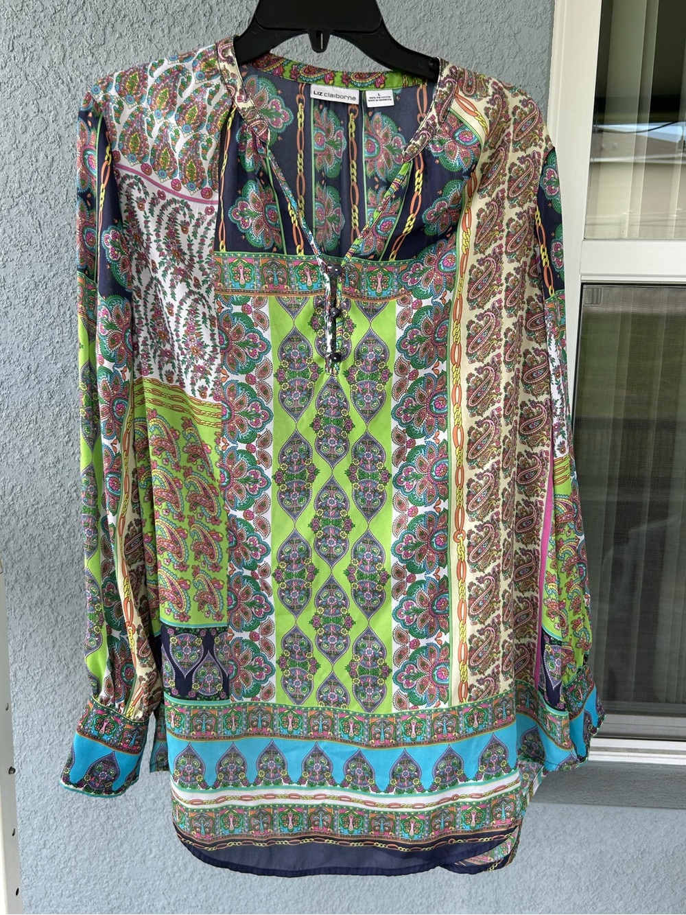 Liz Claiborne Boho Paisley Print Long Sleeve Tunic Top Belt Missing Size L